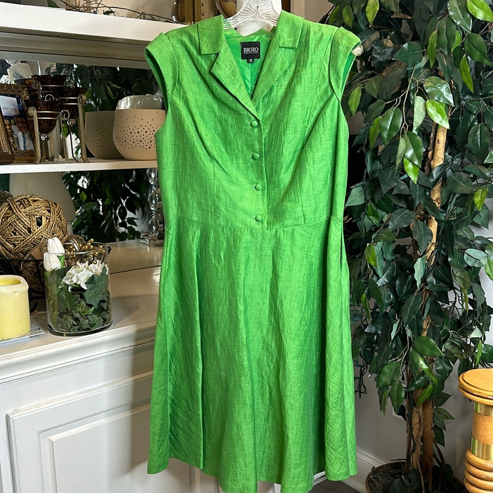 EUC Bigio Collection Linen Blend Green Half Button Down A-Line Dress, 10